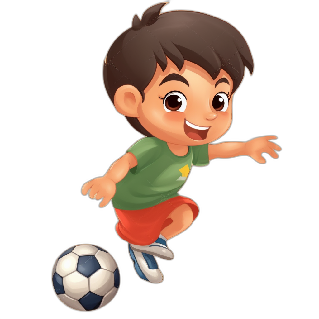 A cute cartoon character of an Asian boy playing football in a simple and colorful style against a solid black background in the style of 2D game art design. He is wearing green short sleeves with red shorts underneath his legs and white sneakers on his feet, ready to kick his foot into action in a focus shot at high resolution. The ball flies towards him from above. A happy expression filled with joy for every move he takes. It’s like watching professional players in their full swing!