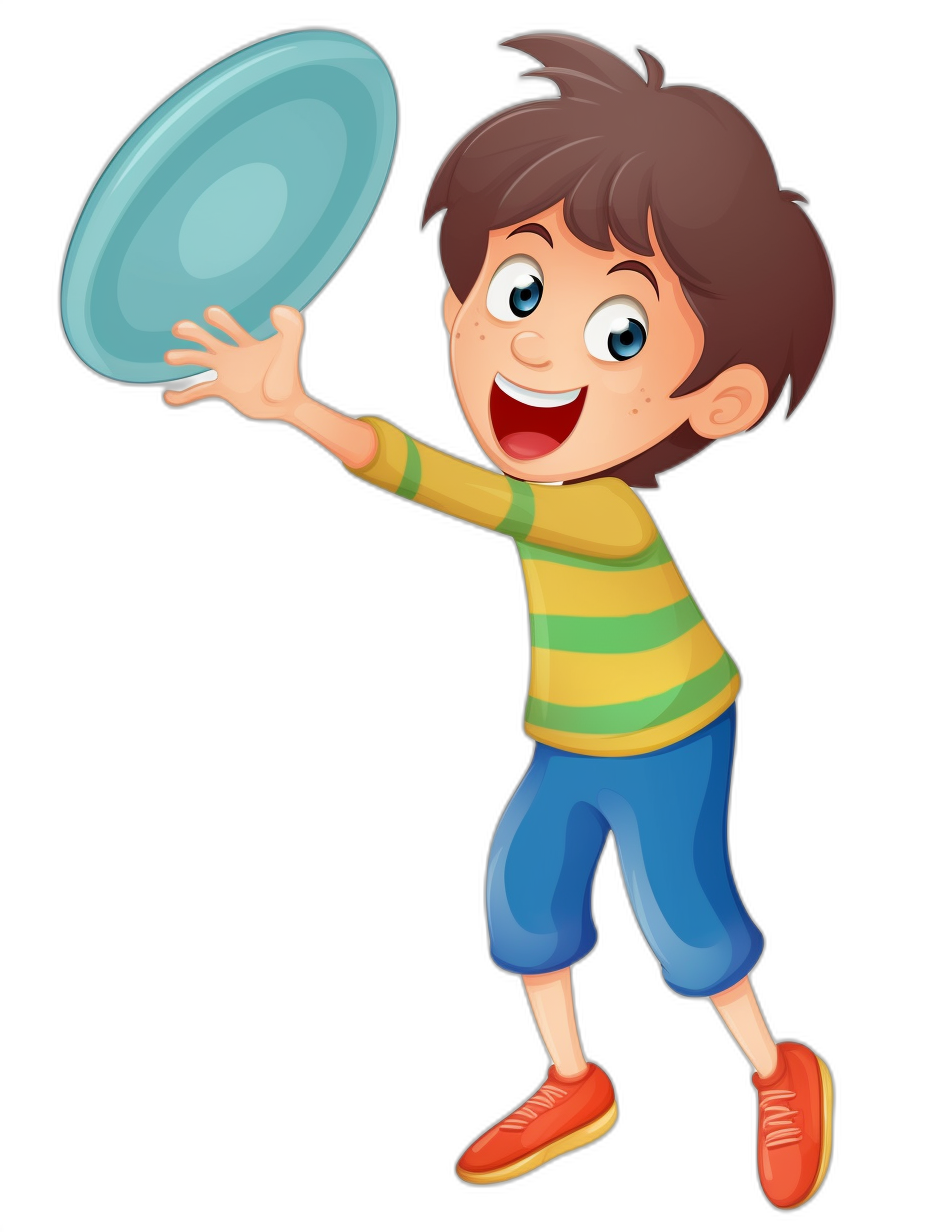 A cartoon boy is playing frisbee in the style of vector illustration with a black background. He has brown hair and wears blue pants, a yellow striped shirt, and red shoes, smiling happily while holding the frisbee plate in his hand. The overall color scheme of bright colors adds to its cheerful atmosphere. Vector graphics can emphasize details such as facial expressions,  textures, and movements for a lively effect, with a focus on the face.