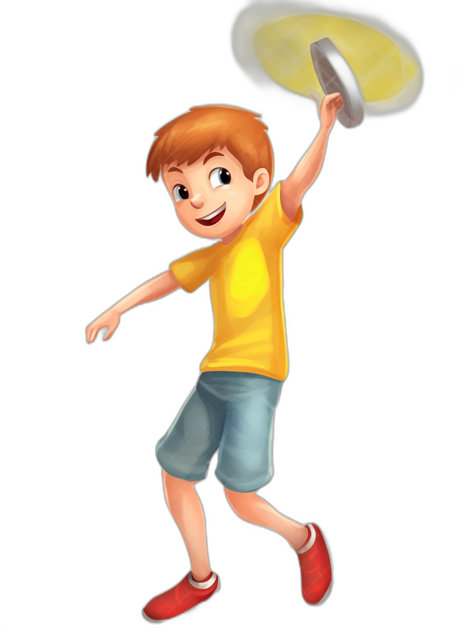 A cartoon boy is throwing a frisbee, wearing yellow short sleeves and blue shorts with red shoes on his feet. He has light brown hair, a fair skin tone, and is smiling. It is a full body portrait against a pure black background in the cartoon style. The frisbee is flying nearby. It has a high definition resolution.