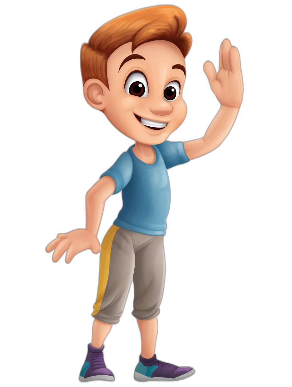 A cartoon boy waving his hand, with simple facial expressions and a black background. He is wearing a blue t-shirt with gray pants and purple shoes, with a smiling face. He has short brown hair and is depicted in the style of Disney Pixar characters. The full-body illustration should be suitable for use as an avatar or profile picture on social media platforms. Ensure that it captures his cheerful demeanor while maintaining vibrant colors to make him stand out against a pure white backdrop.