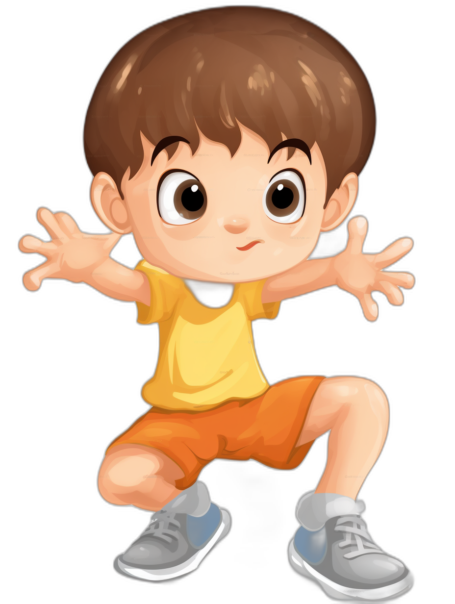 A cute cartoon boy doing sports, with short brown hair and big eyes, wearing a yellow T-shirt and orange shorts, gray shoes on his feet, crouching down to jump up, on a black background, in the vector illustration style. He is simple in shape and has clear lines, with a flat design that gives people an animated feel.