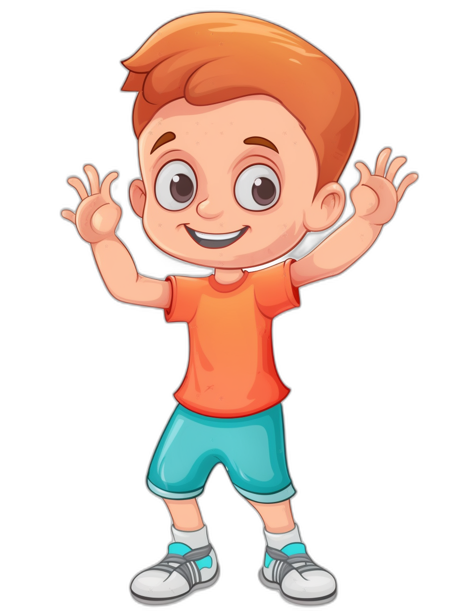 cartoon style illustration of cute little boy with orange hair, wearing blue shorts and an orange tshirt smiling holding his hands up in the air on black background