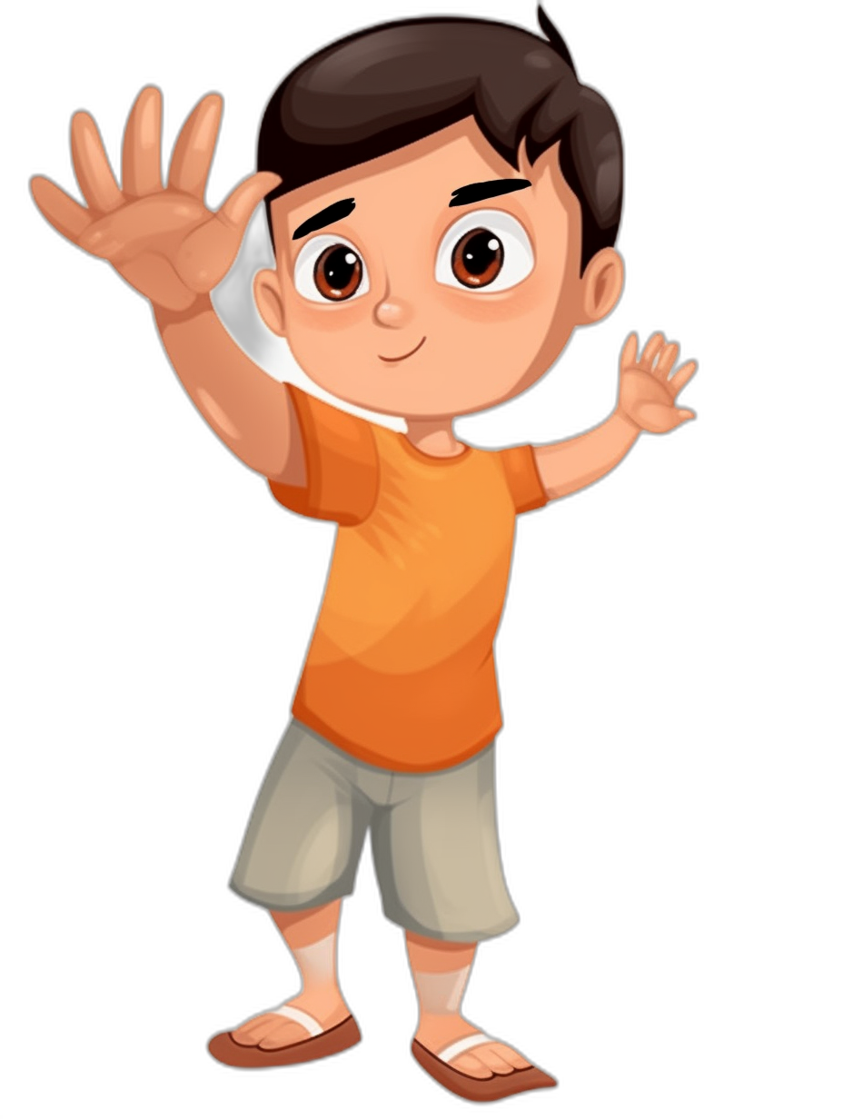 A cute cartoon of an Indonesian boy wearing an orange t-shirt and grey short pants, brown hair with a white strip on the side, waving his hand in greeting, black background, vector art style, in the style of Pixar.