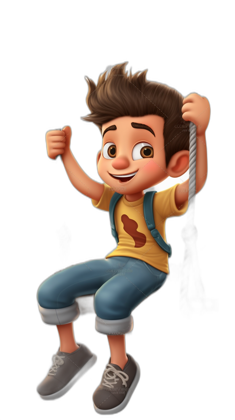 A cute boy is swinging on the swing in the style of Disney, with a full body shot against a black background. He is wearing a yellow t-shirt, blue jeans, and grey shoes. With big eyes, a happy face, and short brown hair in a quiff, he is illustrated in the technique of Pixar.