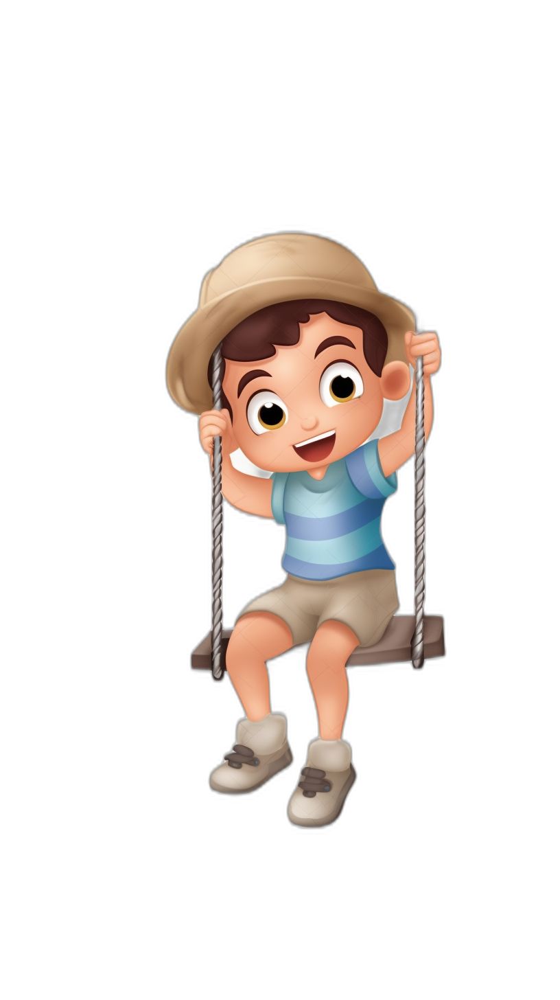 A cute little boy is sitting on the swing, wearing short sleeves and shorts with a hat in the style of cartoon style, on a black background, with simple lines and a 3D effect, simple details, in the style of Disney Pixar animation, with a cartoon character design as a full body portrait, with a happy expression, big eyes, a cute face, a cute smile, wearing slippers, solid color , high definition, high resolution, high detail, high quality, high lightness, high contrast.