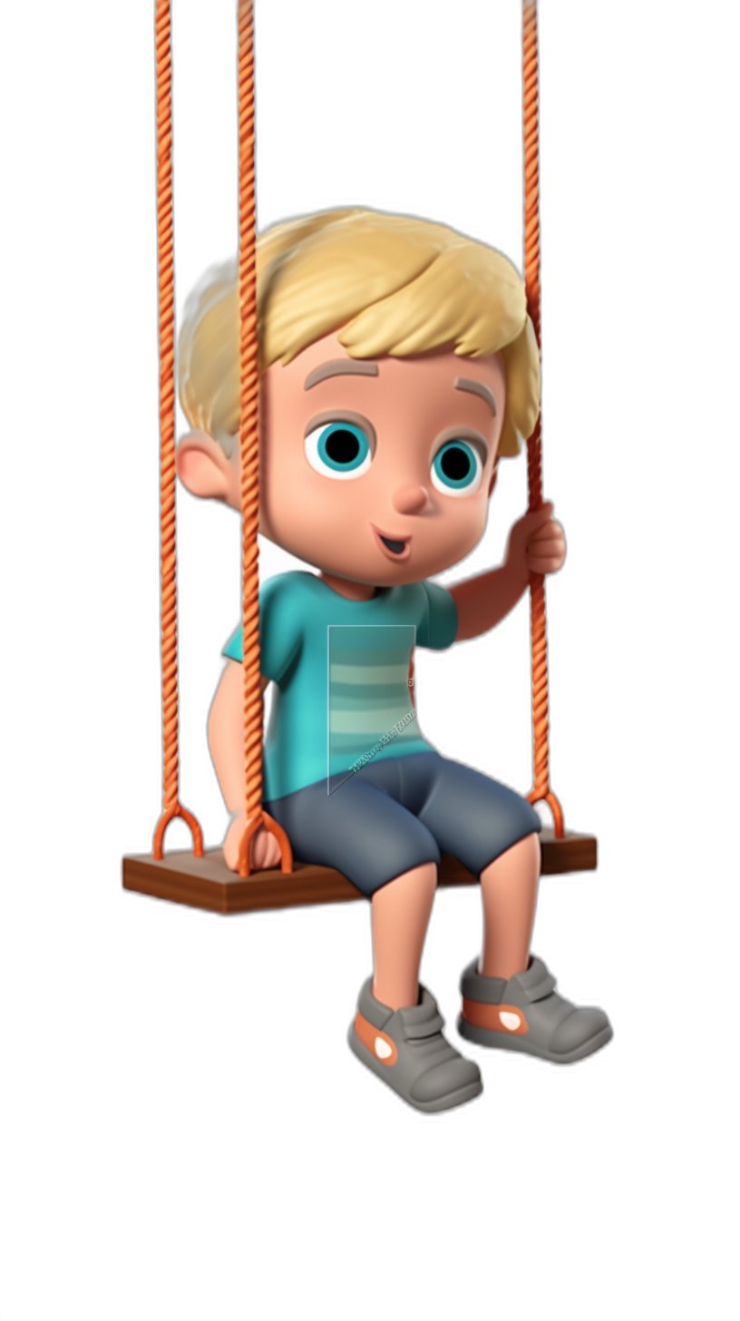 A cute little boy with blonde hair, blue eyes, and wearing light grey shoes is sitting on the swing set. He has an adorable smile on his face and big, bright brown eyes. The background of the scene should be black to make him stand out easily. Pixar style cartoon with a black background.