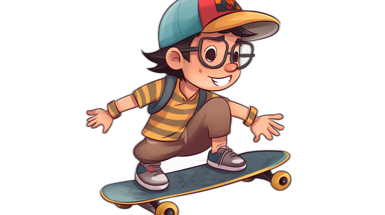 cartoon illustration of kid with glasses and cap on skateboard, black background,