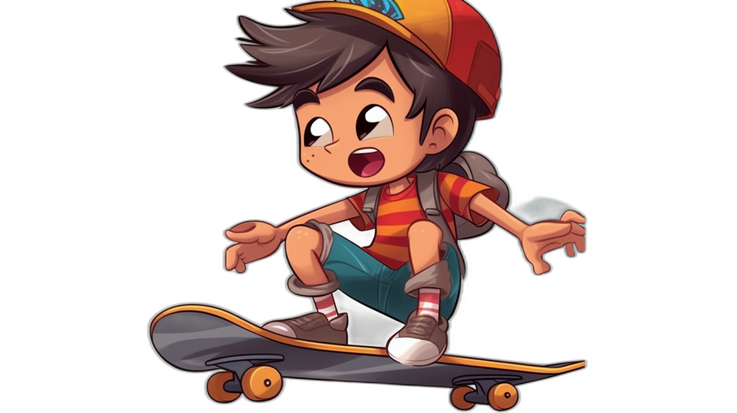 A cartoon character of an animated boy on a skateboard, wearing a cap and t-shirt, black background, in the style of chibi.