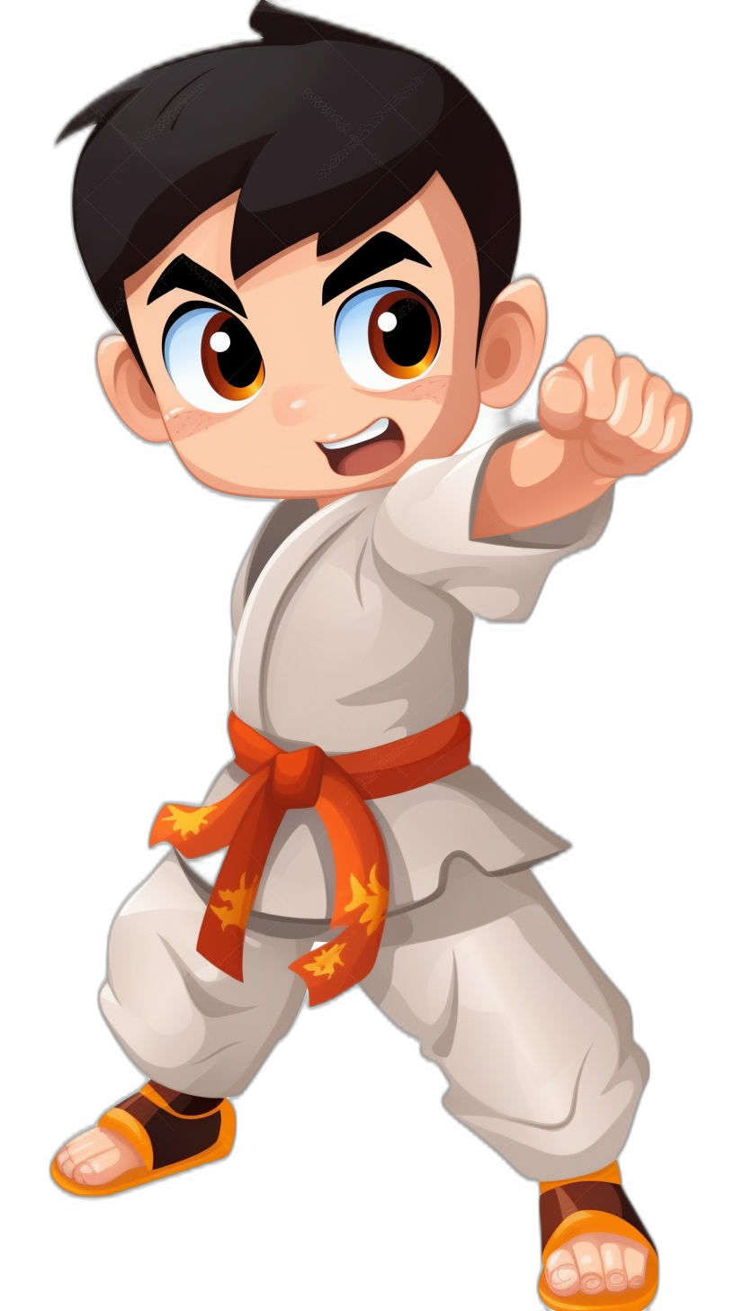 A cute cartoon avatar of an Asian boy in white karate attire, with black hair and brown eyes ready to fight against a dark background. He is wearing an orange belt around his waist and has strikingly handsome facial features. The illustration showcases his whole body as he stands tall in a fighting stance, showing off both hands. This character has strong facial expressions that convey determination or anger, with a focus on his hands in the style of a vector illustration.