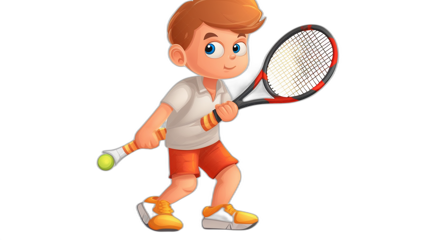 cartoon character of a young boy playing tennis, holding a racket and ball in his hand, wearing a white t-shirt with orange shorts, black background, vector illustration for a game app icon, simple design with flat colors and low details, no shadows, textures, shadings, reflections, gradients, or depth effects, 2D art style in the style of simple lineart with vector graphics and flat colors at low resolution and low contrast, simple design with no shadows, textures, or details, flat colors and vector graphics.