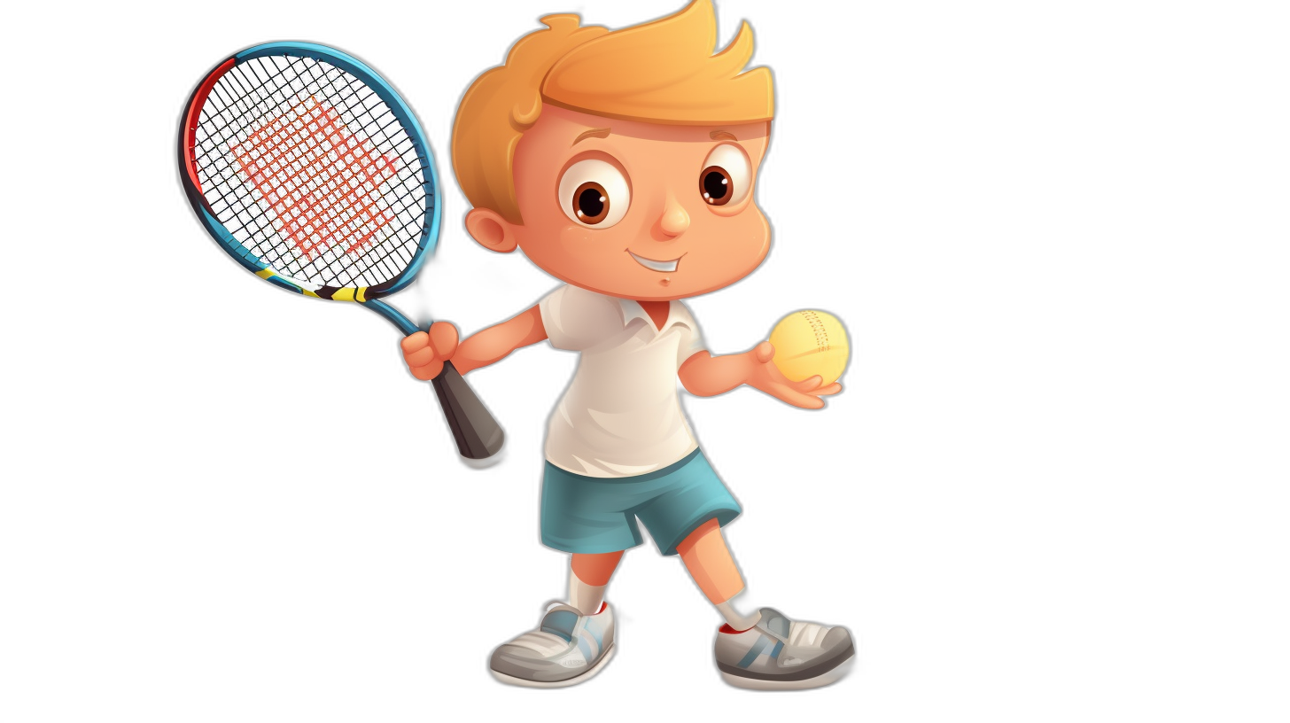 Cute little boy playing tennis, holding a racket and ball in his hand, with a cartoon character design, on a simple black background, at a high resolution, without shadowing, with a cute expression, wearing a white t-shirt with blue shorts, with big eyes, a happy face, and bright colors, in the style of a Pixar Disney cartoon, with a solid color background. Pixar Disney Style Cartoon Character Design Illustration Vector on an Isolated Black Background