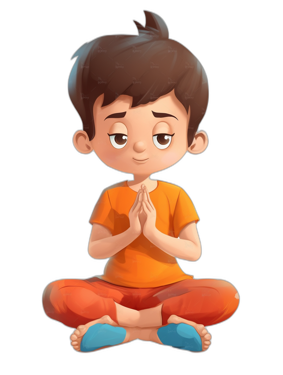 A cute cartoon boy doing yoga with simple facial expressions against a black background. He is sitting crosslegged with hands clasped together in prayer, wearing an orange t-shirt with blue shoes on his feet. He has short brown hair and is looking down at the camera. The illustration style should be similar to Disney Pixar characters in the style of vector graphics.