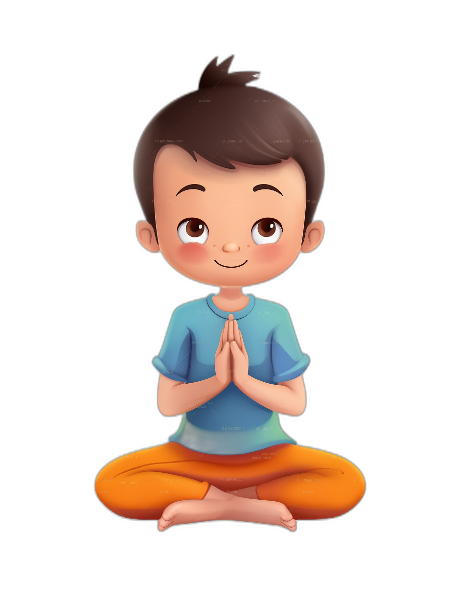 A cute little boy doing yoga in the style of a cartoon, on a solid black background, with a simple design, as a 2D illustration, using simple lines and shapes, like children’s book illustrations, created with digital art technology, shown from the front view, sitting crosslegged with hands folded in prayer on his chest. He has short hair and brown eyes. He wears a blue tshirt and orange pants.