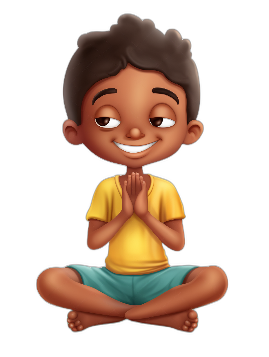 A cute little African American boy doing yoga in the style of Disney. The young man is wearing blue shorts and a yellow tshirt sitting crosslegged in the lotus position smiling at the camera. He has short hair, brown skin color and white teeth. His hands are placed on his knees and he looks happy and contented. Cartoon illustration with soft shadows and no contrast.