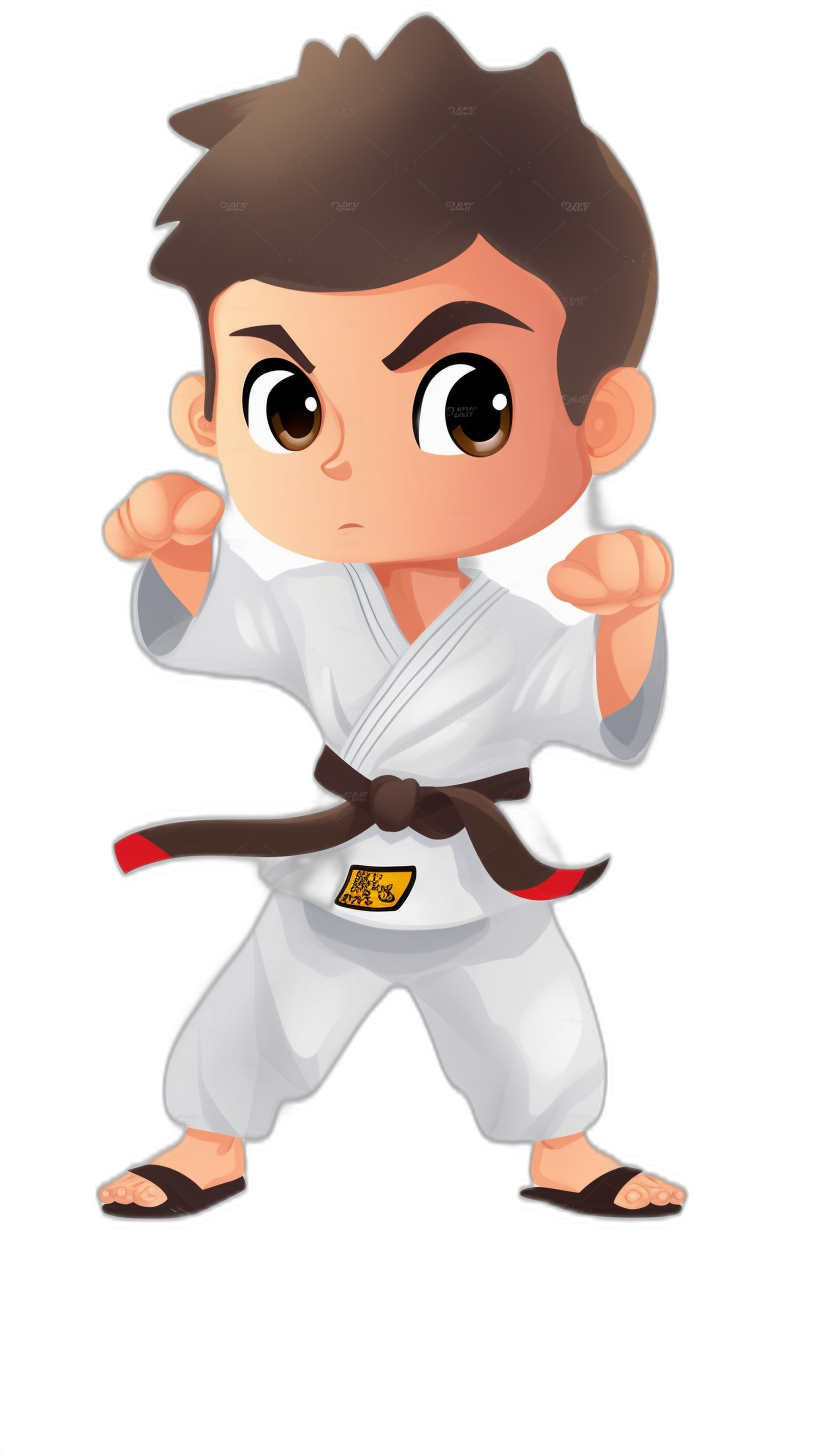 Cute cartoon avatar of a young martial artist ready to fight in karate white gear, with a black belt around his waist. The character has big eyes and dark brown hair styled short on top but long at the sides. He is wearing traditional Japanese karate gear with a sharp-toothed mouth and looks determined as he practices a forward rolling posture. Black background. Cartoon style with simple lines, vector graphics, 2D design. Detailed view, isolated on a pastel background in the style of a Japanese manga artist.