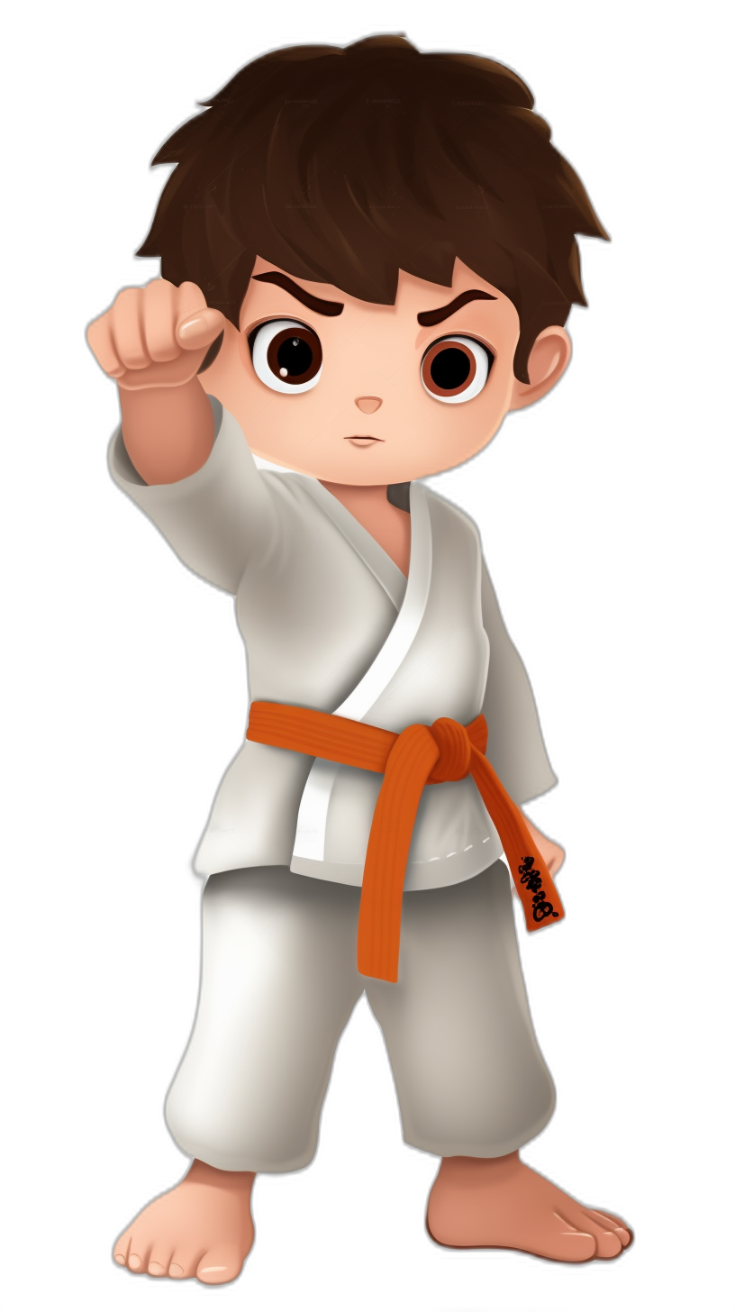 chibi style, young boy with brown hair wearing a white karate gi doing a karate pose, orange belt, full body shot, black background, digital art in the style of Disney Pixar studio, adorable character, cute expression on his face, high resolution, high quality