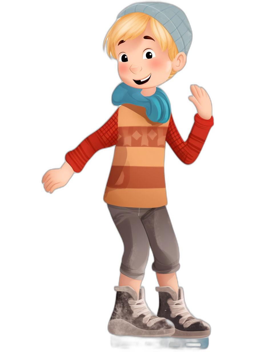 A young boy with blonde hair, wearing an orange striped sweater and gray pants with a blue scarf around his neck and ice skating shoes on his feet is depicted in the style of Pixar clipart against a black background with colorful details.