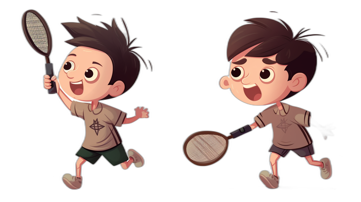 A cute little boy playing badminton, with black hair and brown . He has multiple poses and expressions holding the racket in his right hand. The style is simple, flat illustrations, and Disney cartoon character design. Black background, full body portrait, vector illustration, 2D game art, with high-definition details and high resolution.