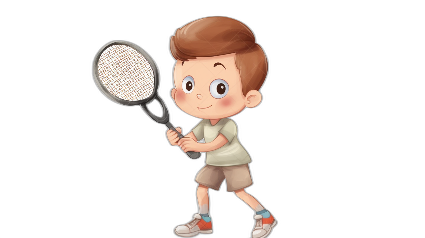 A cute little boy playing tennis in the style of a cartoon, with a simple drawing against a solid black background. This 2D illustration is a flat design vector art in high resolution, featuring a cute and adorable character. The illustration shows a boy with short hair wearing a t-shirt, shorts and sneakers. He has a happy expression on his face while holding a tennis racket in his hand.