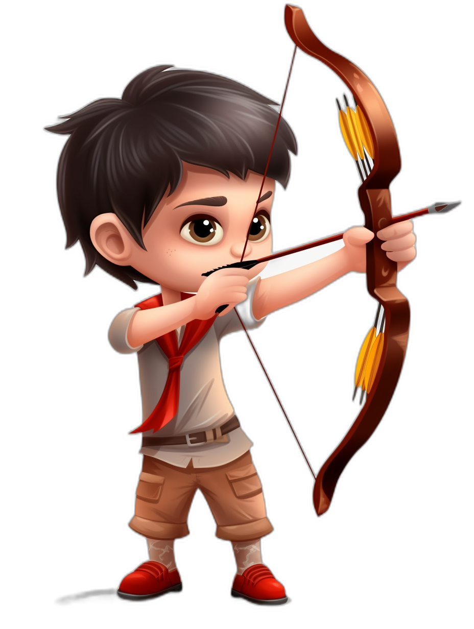 archery game character, in a cartoon style with a black background, the full body of a cute boy wearing a white shirt and red tie is shooting a bow at a target, he has big brown eyes, long dark hair, and red shoes, vector illustration, 2D flat design, white outline stroke, 3D icon in the style of popmart blind box design, solid color background, high detail, best quality, Pixar trend, 8K