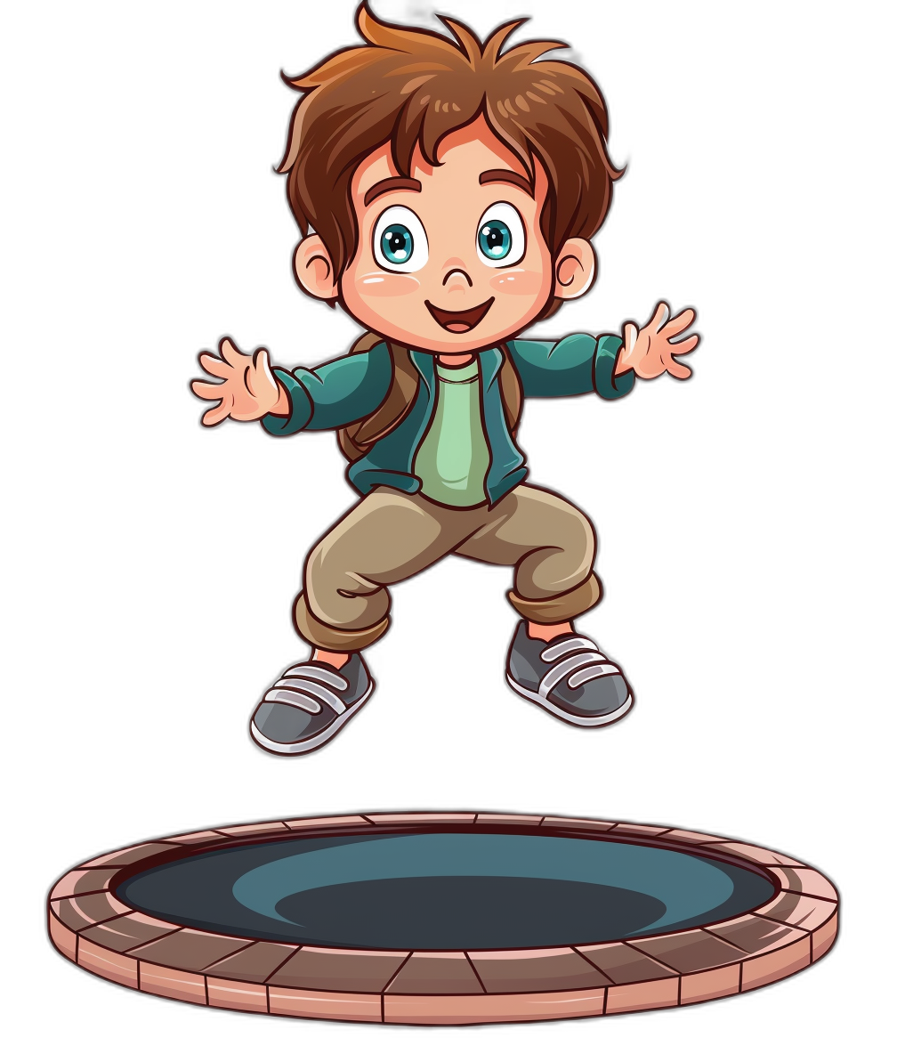 A cartoon boy is jumping on the trampoline in a vector illustration with a black background. The little man has brown hair and blue eyes, wearing a green jacket and gray shoes, standing in front of an empty round shaped trampoline. He looks happy as he jumps up high.