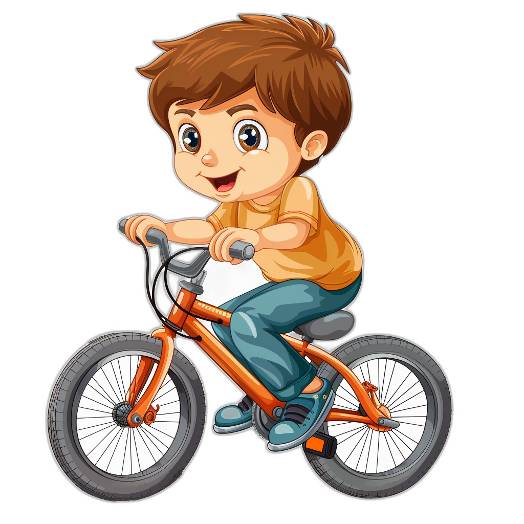 A cute cartoon boy riding an orange bike in the style of clip art, isolated on a black background.