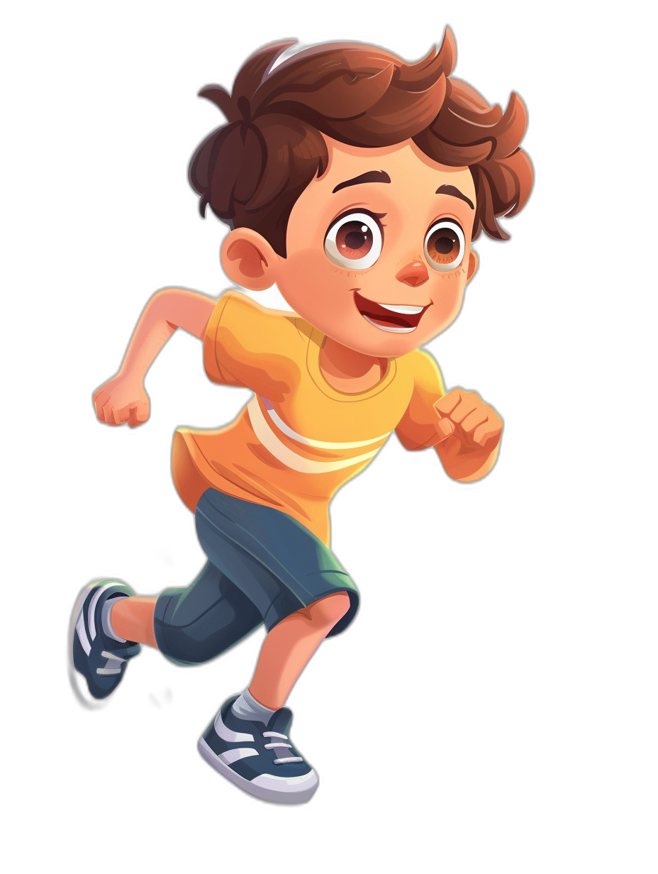 A cute boy running, smiling face, full body, cartoon style, black background, character design for children’s book illustration, in the style of Disney Pixar.