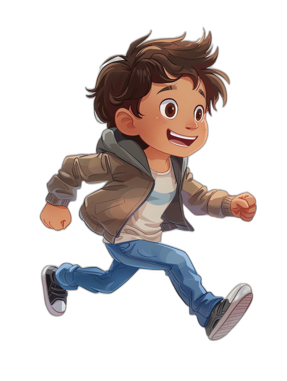 A young boy with brown hair running in blue jeans, a happy face, a white t-shirt under a gray jacket, black background, in the style of a cartoon.