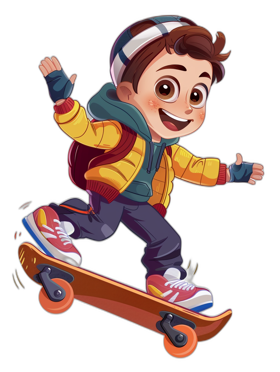 A cool cartoon boy riding on a skateboard, smiling with brown hair and wearing a hoodie jacket and colorful shoes against a black background in the style of chibi.