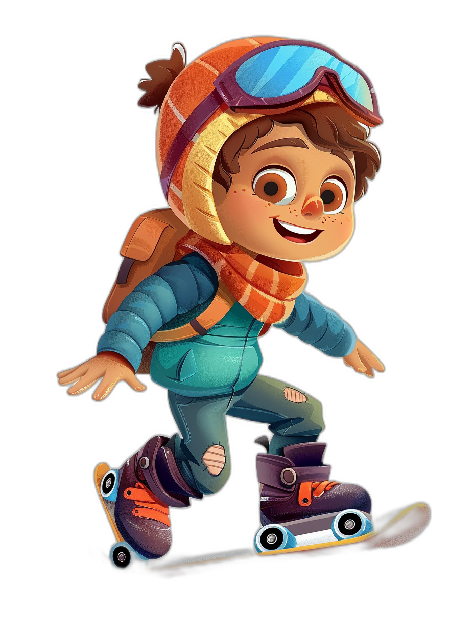 A cute cartoon character of a boy in a winter outfit, wearing snowboard goggles and roller skates, with a happy facial expression, in a full body shot with a black background, digital art in the style of Pixar, with hyper detailed art.