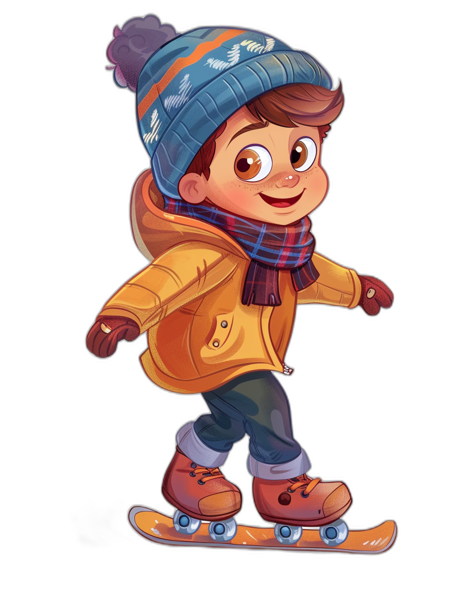 Cute cartoon boy skating on ice, wearing a hat and scarf, simple flat illustration style with a black background, bright colors, high saturation, cartoon character design, full body portrait, front view, in the style of Disney Pixar animation. The overall color scheme uses warm tones, bright lighting, and cheerful expressions.