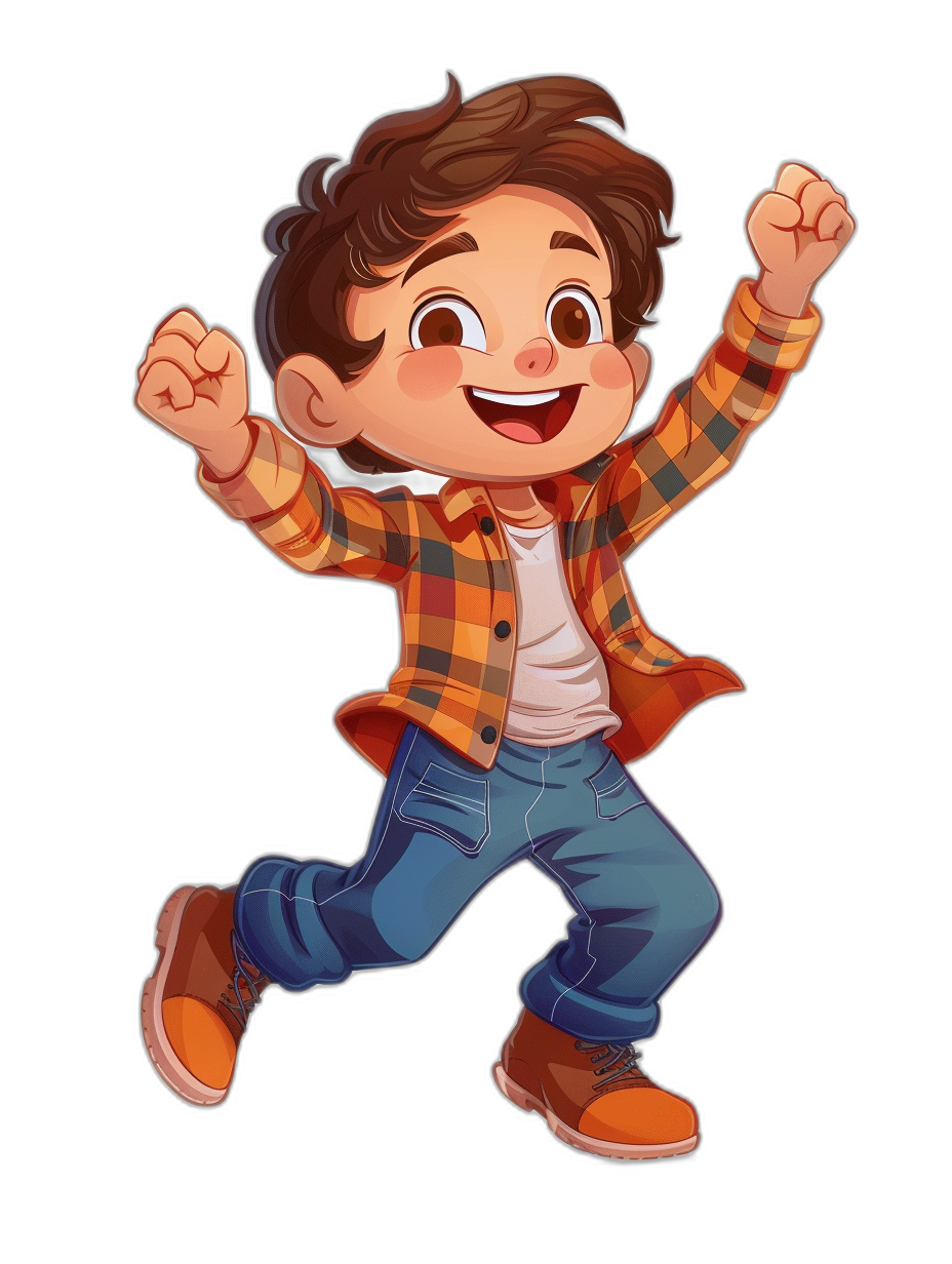 A cute little boy with brown hair, wearing jeans and an orange plaid shirt is jumping for joy. The illustration style should feature colorful cartoon characters with vibrant colors and bold outlines in the style of Pixar character design. Against an isolated black background without shadows, a full body shot of the boy. The lighting effect adds depth to the scene.