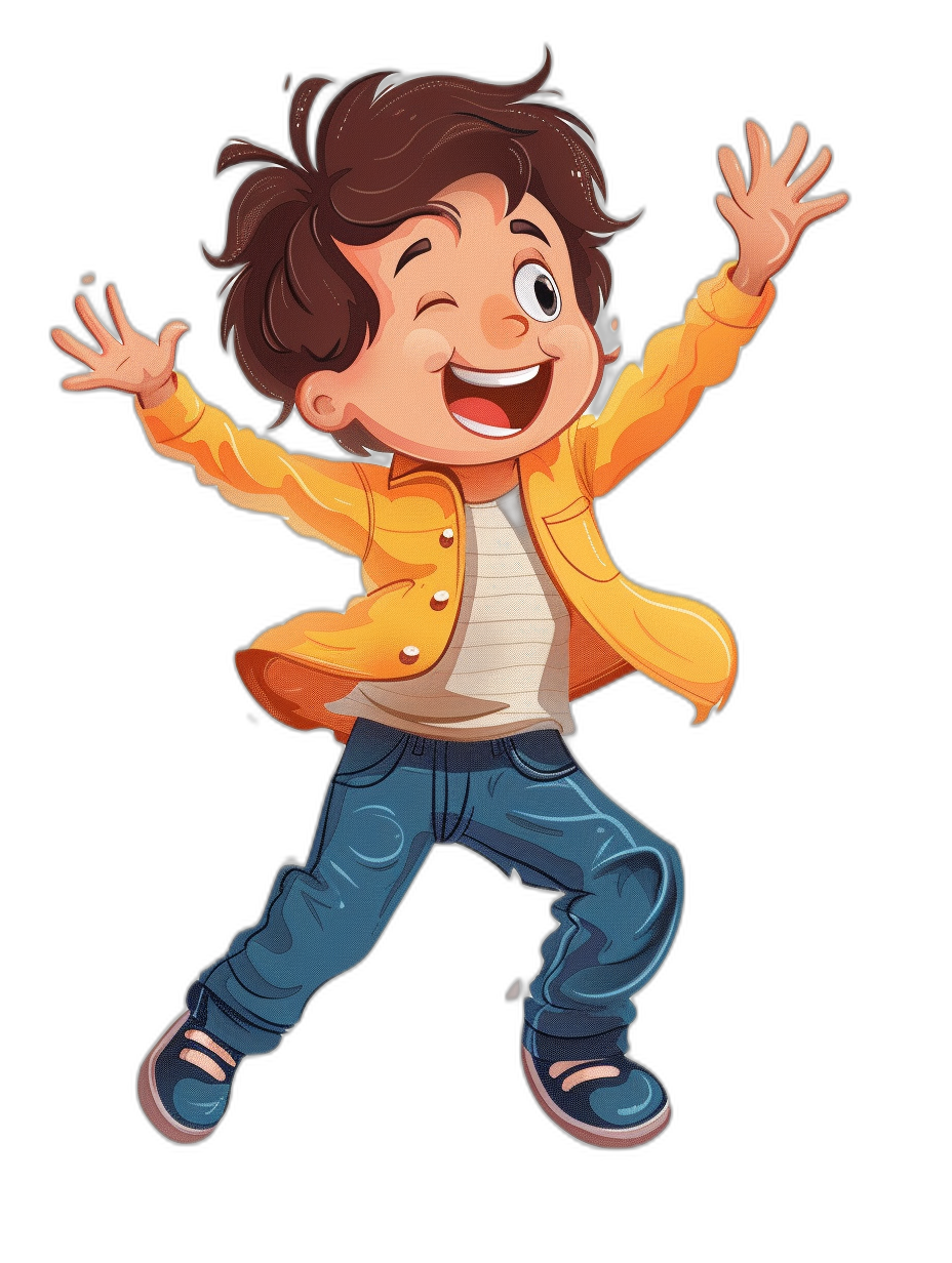 A young boy with brown hair, a yellow jacket and blue jeans dancing in the air. A happy facial expression in the style of a cartoon style illustration for children’s book illustrations. A full body figure on a black background in a highly detailed, high quality vector style.