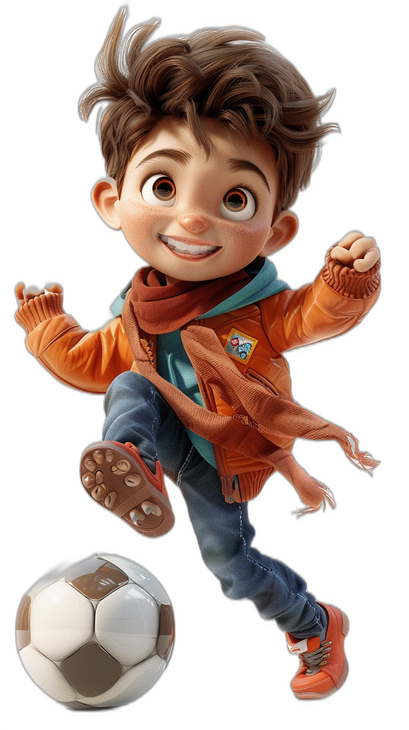 A cute boy with brown hair, wearing orange jacket and blue jeans is kicking the soccer ball, Disney Pixar cartoon style, black background, 3D