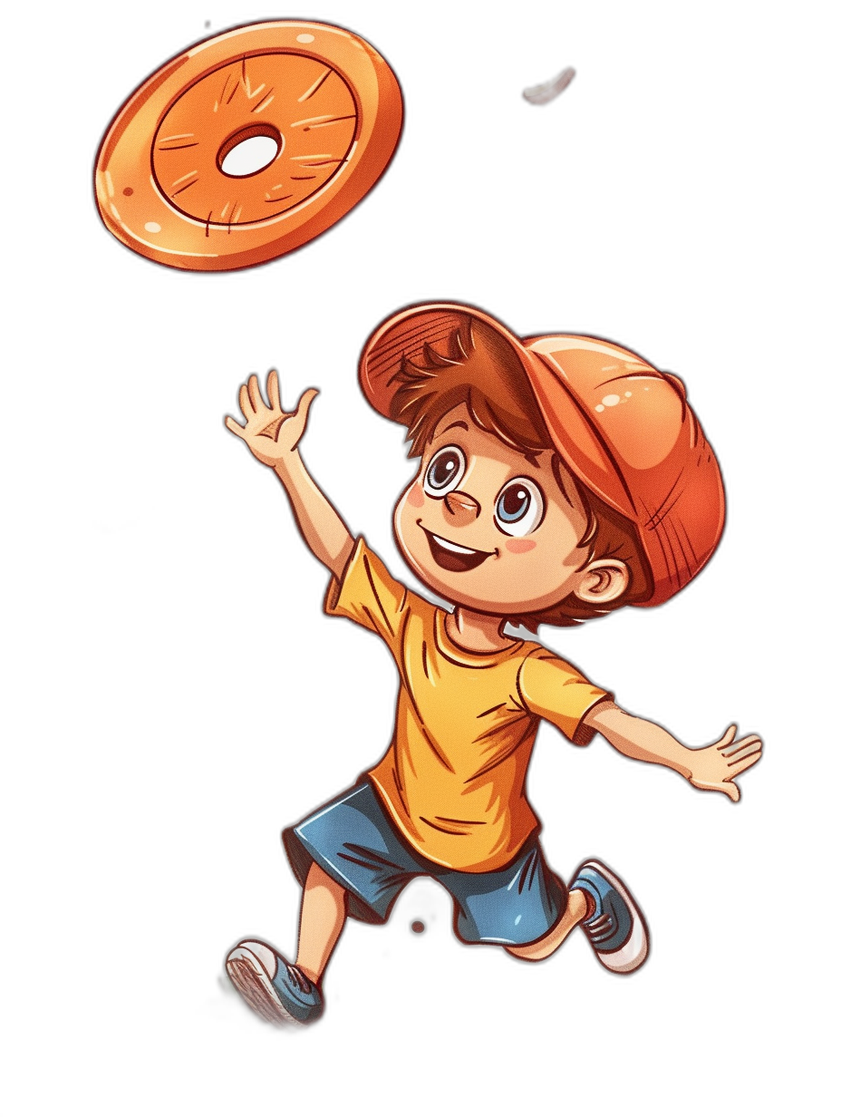 A cartoon boy in the air, throwing an orange frisbee, wearing short sleeves and shorts with brown hair and a hat on his head, against a black background, with a simple design, in the flat illustration style, using colorful colors, at a high resolution, with clear details, bright lighting, and a lively atmosphere. The man is dressed casually, smiling happily as he throws the frisbee towards the viewer. He has big eyes and wears blue jeans and white sneakers. It appears to be a sunny day outside, in the style of a casual illustration.