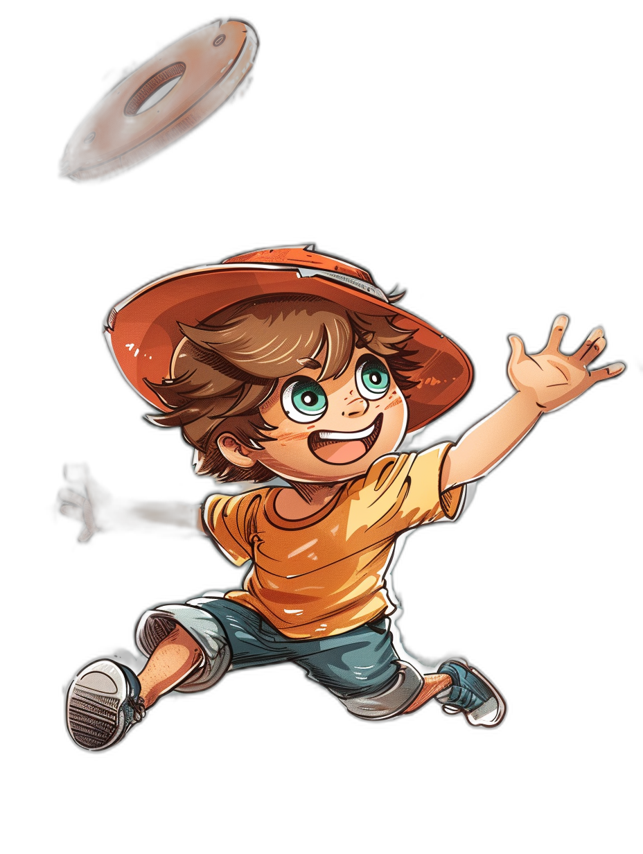 A cartoon boy with brown hair and green eyes wearing an orange hat is jumping to catch the frisbee, against a black background, in the cute style, for 2D game art, with a bold character design, as a full body portrait, at high resolution, with high detail, and high quality.