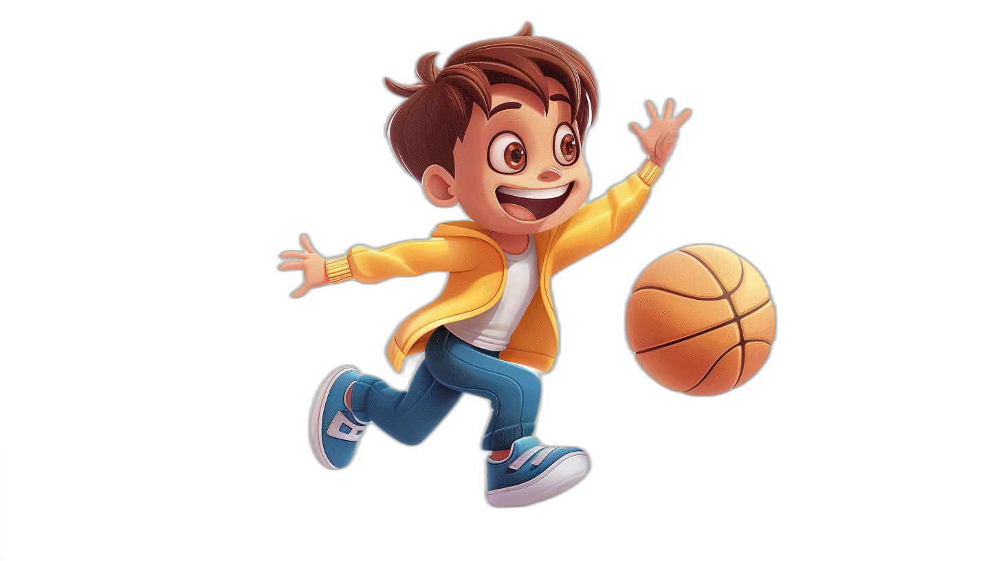 Cartoon boy playing basketball, cartoon character design, in the style of Disney, solid black background, high resolution, 3d rendering, colorful  and bright colors. A cute little guy with brown hair is jumping up to shoot the ball in his hand. In a colored jacket, white shirt, blue jeans and sneakers, simple lines, full body portrait, 2D animation style.