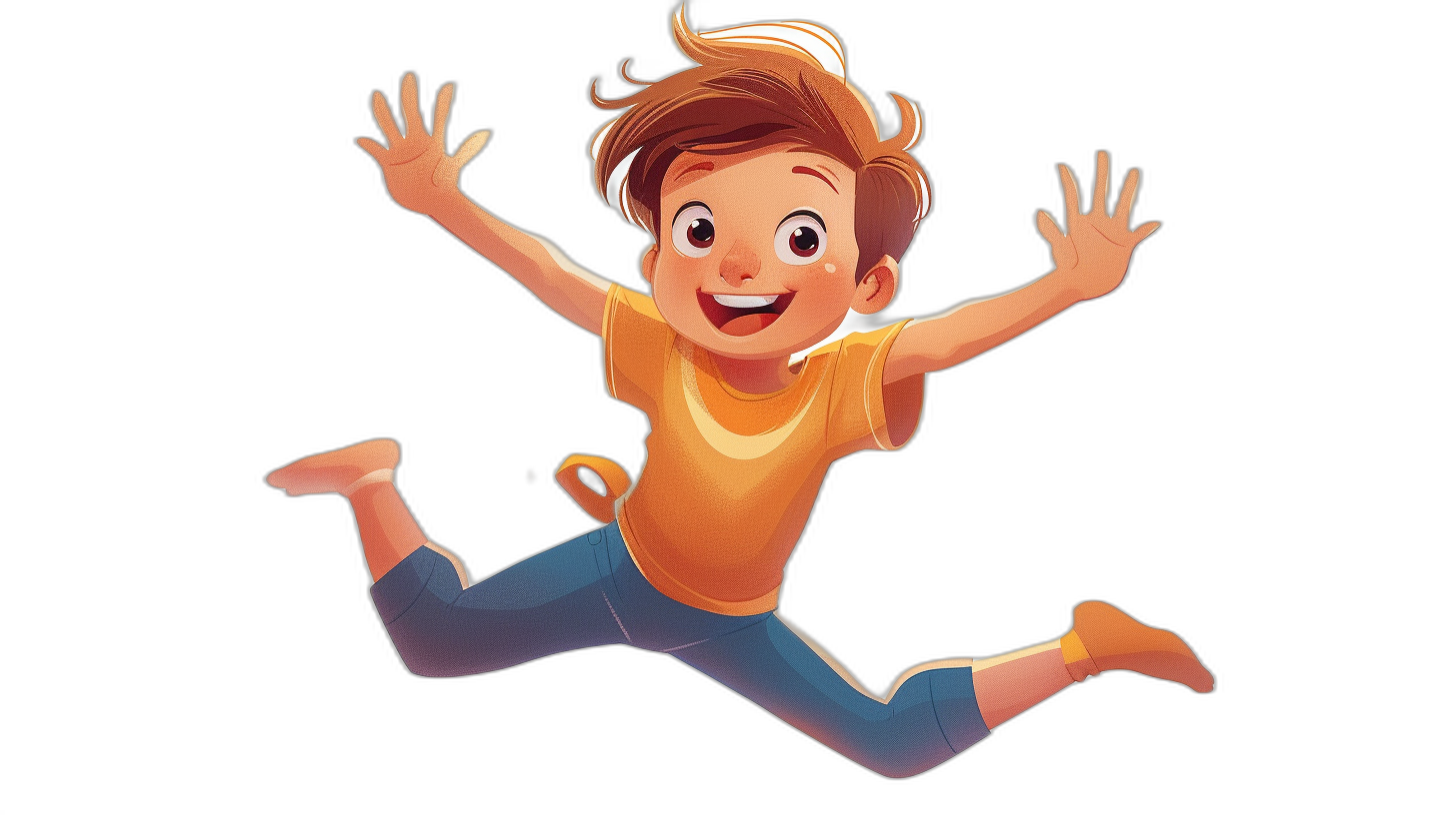 A cartoon boy is jumping up and down with a happy expression in the style of Disney, on a black background with a flat illustration in a high-end color scheme as a full body portrait with a closeup of the face in the style of children’s book illustrations and Pixar animation with high definition details.