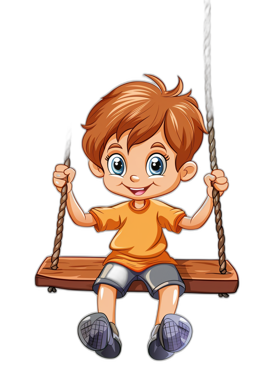 a cute cartoon boy sitting on the swing, smiling and looking at camera with big eyes isolated black background