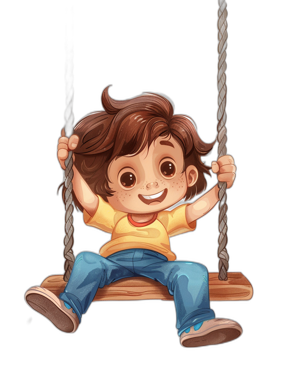 Cute cartoon style illustration of smiling little boy with brown hair and blue jeans sitting on wooden swing, isolated black background, high resolution, professional digital art