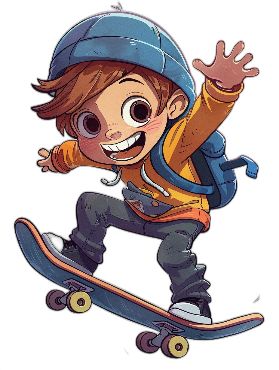 A cartoon boy is skateboarding, with exaggerated movements and characters in the style of Disney on his head. He has big eyes and a bright smile, wearing casual , a blue cap hat, on a black background, with high definition resolution, high quality, high details, in a cartoon cute style, with colorful colors, in a cool sports culture atmosphere.