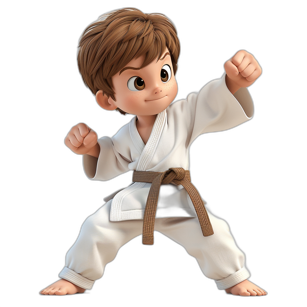 A cute young boy with brown hair in a white karate outfit doing karate in the style of jBorn against a black background in a 3D cartoon style.