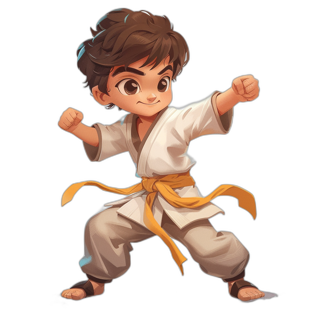 cartoon character design of a young boy doing karate, in a full body pose with his legs together and arms in front at eye level, in a simple chibi anime style with a black background, a cute brown haired boy with a white shirt and yellow belt.