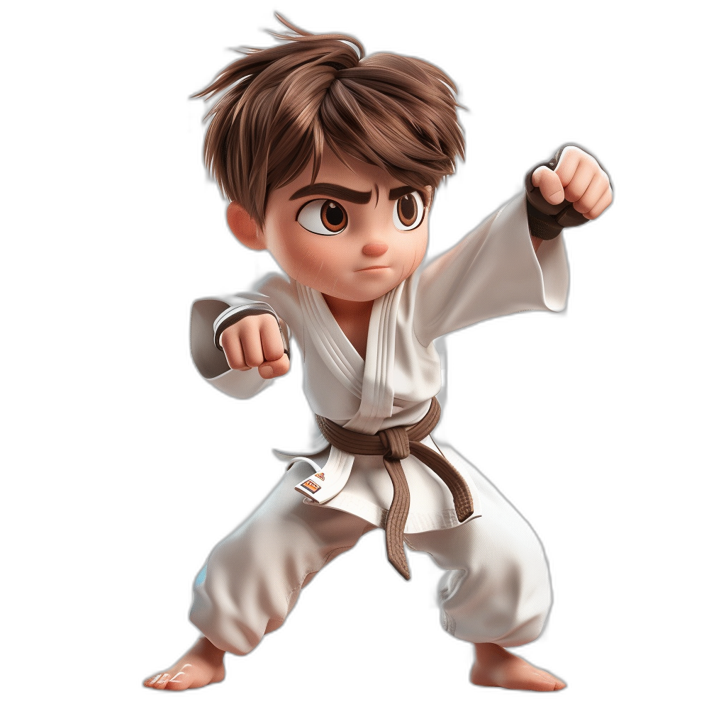 A young boy with brown hair in a white karate outfit striking a fighting pose in a full body shot in the style of chibi style against a black background as a 3d cartoon character in the style of Pixar quality.