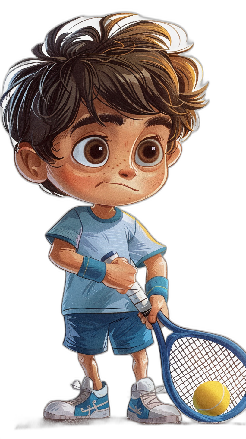 A cute little boy playing tennis, wearing blue shorts and white shoes with a black background. The design is in the style of Disney with a cartoon character that has big eyes, long eyelashes, and brown hair. He is holding a tennis racket in one hand and a ball in the other hand. It is a colorful illustration with a simple drawing at a high resolution that has a 3D effect with detailed rendering.