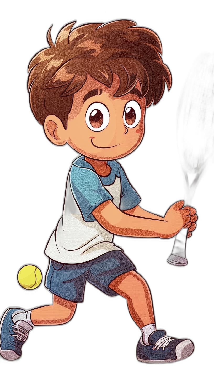 a cute cartoon of boy playing tennis, black background, white shirt with blue and grey shorts, brown hair