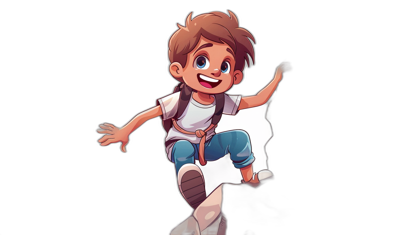 A cartoon boy with brown hair, blue eyes and white tshirt smiling while jumping on the black background. He is wearing jeans pants and backpack. The style of drawing in Pixar animation. Cartoon character. Disney cartoon.