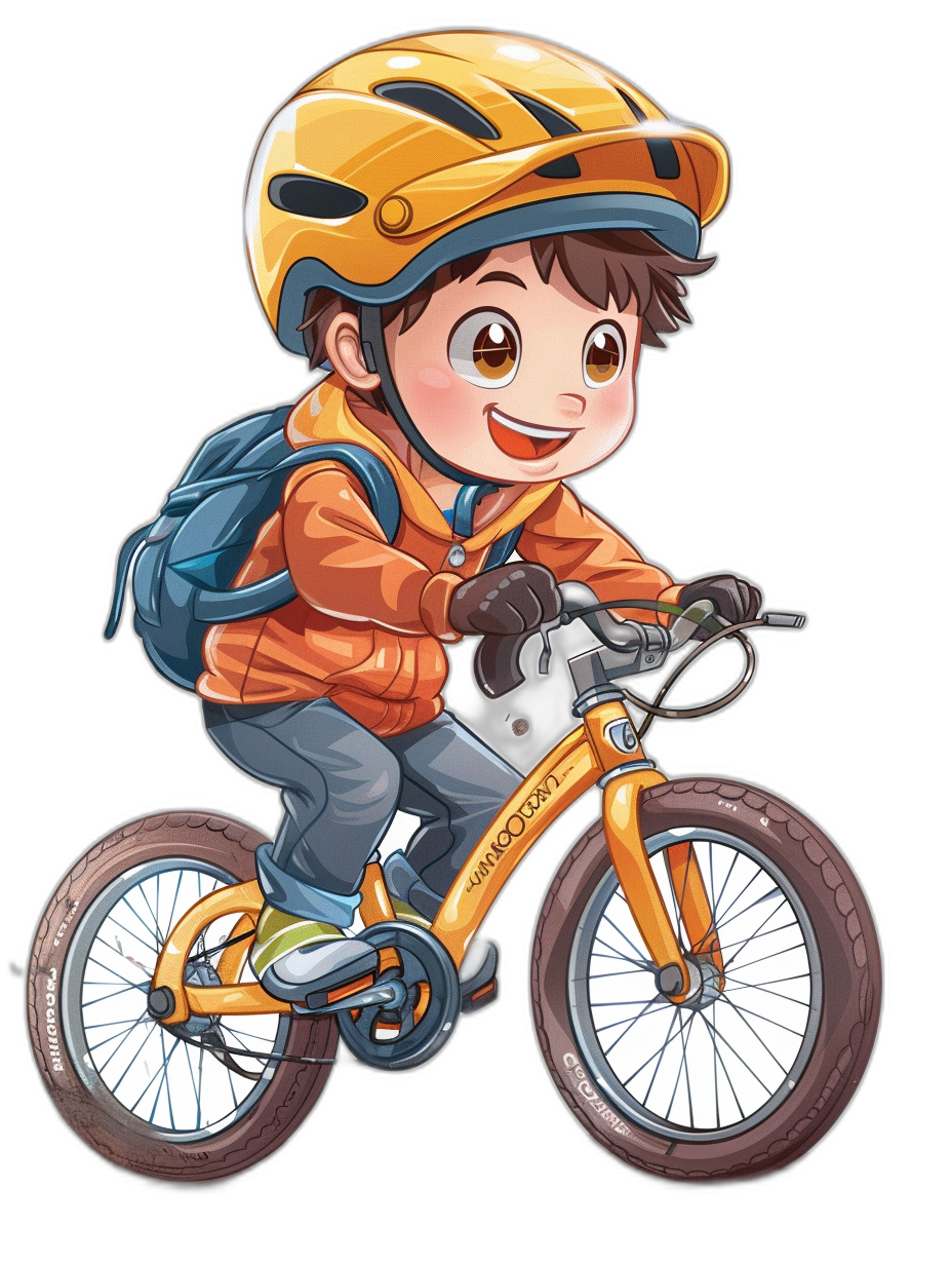 a cute boy is riding an orange bike, wearing yellow helmet and backpack with black background, vector illustration in chibi style, no shadows, colorful cartoon