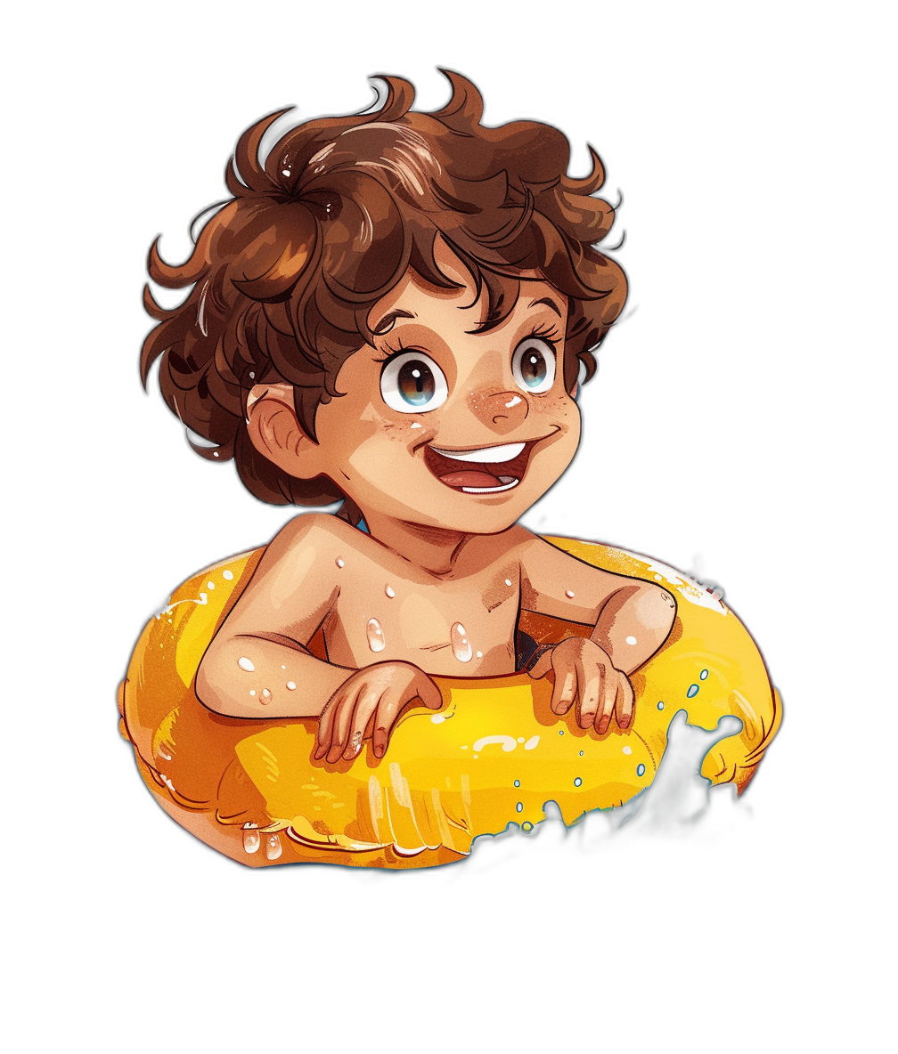 A cute baby boy with brown hair and big blue eyes, sitting on an inflatable yellow ring in the water smiling happily. In the style of a cartoon with a black background. The little girl has curly short hair. Illustration for a tshirt design.