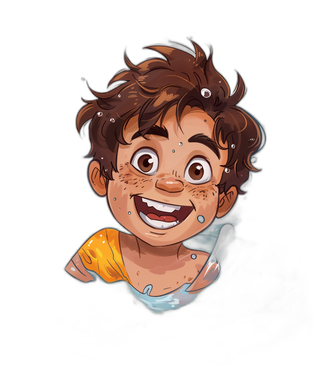 A cute smiling cartoon boy with brown hair and freckles, splashing in water on black background. The illustration is done as an sticker or vector art. He has short curly hair. It’s a close up portrait. His eyes sparkle. In the style of Disney Pixar